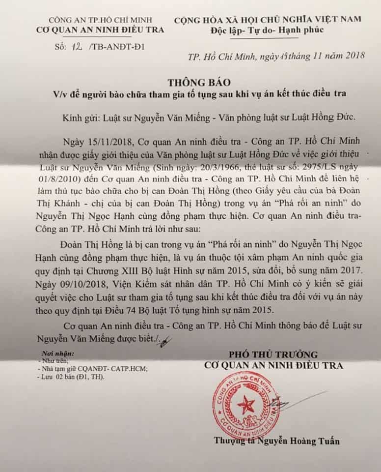 Letter on Doan Thi Hong's defense counsel_Source Facebook Thanh Thanh Phan